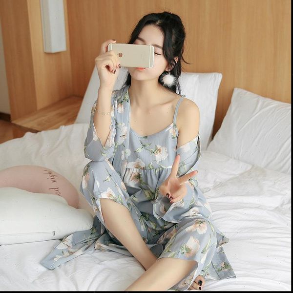 

spring autumn cotton pajamas women sleepwear set flower print summer thin pyjama long robe pants vest 3 piece pijama, Black;red