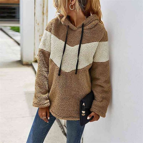 

plush thick hoodies women fall winter color matching patchwork hooded drawstring long sleeve pullovers casual loose sweatshirts 210522, Black