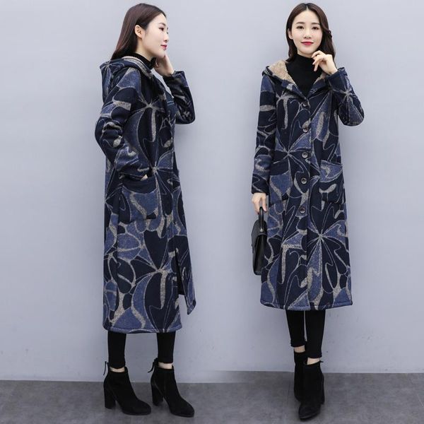 

women's wool & blends winter vintage korean style plush slimming ethnic long clothing printing plus velvet below the knees hooded overc, Black