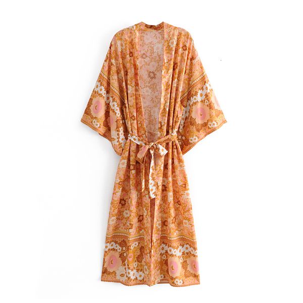 

casual dresses women long kimono cardigan blouses summer orange floral print bohemian sashes robe beach boho shirt loose cover-ups pgf8, Black;gray