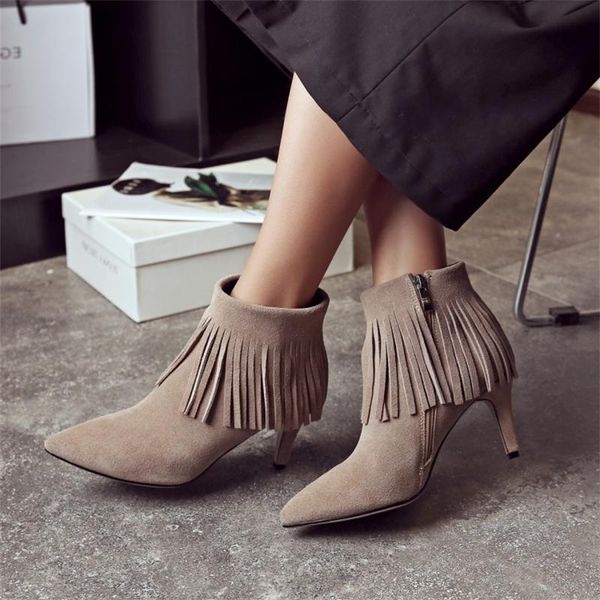 

boots autumn and winter women's thin heel pointed fashion tassel, Black