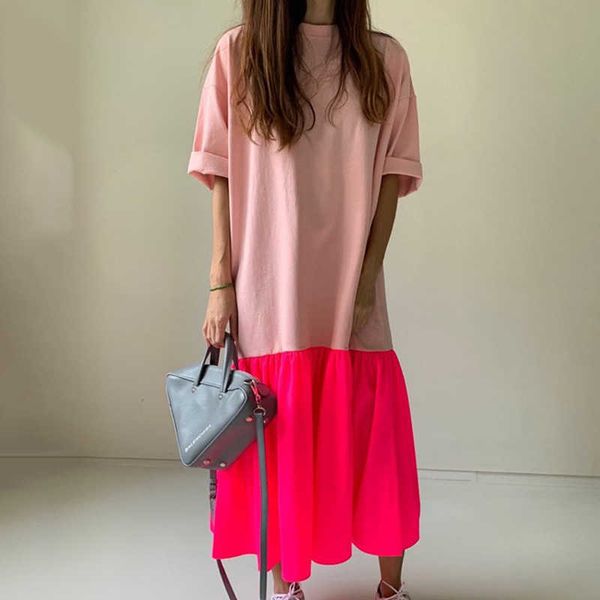 Twotwinstyle Kısa Kollu Yaz Elbise Kadınlar Için Moda Kore Patchwork Hit Renk Maxi ES Casual Kızlar 2020 YENI Y0823