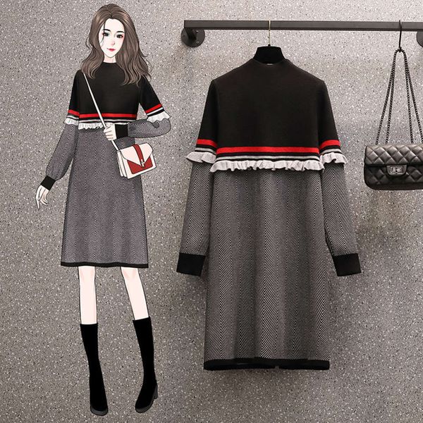 

casual dresses dress big size women's fat sister autumn winter french slim knitting with belly covering and bottoming sweater skirt 10k, Black;gray