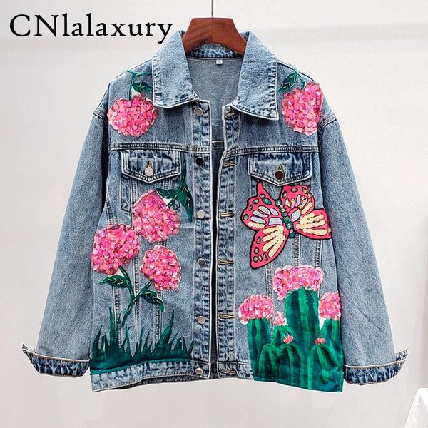 

women's jackets 2021 spring fashion heavy nail bead flower butterfly sequin long sleeved denim jacket clothes women jeans coat chaqueta, Black;brown