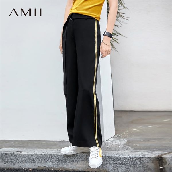 

minimalism summer fashion side stripe wide leg pants women belt loose streetwear female 11970204 210527, Black;white