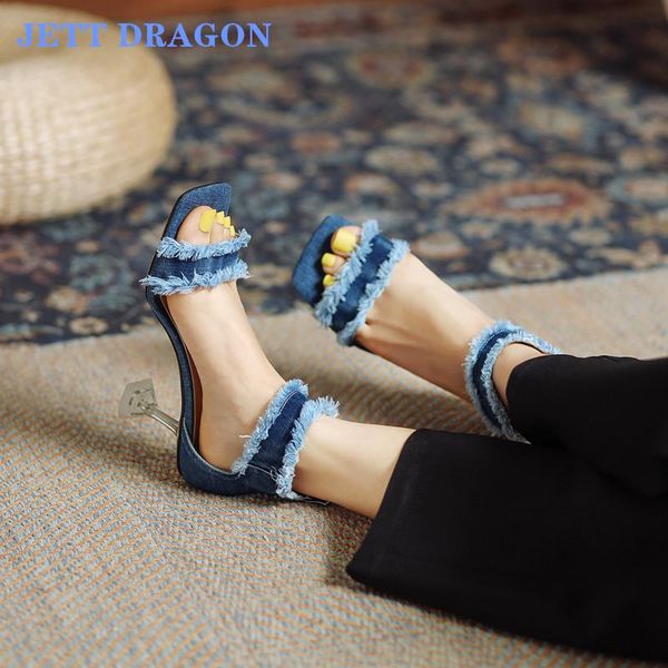 

sandals jedragon large size 34-43 2021 women shoes blue denim women's square high heels casual ladies summer, Black