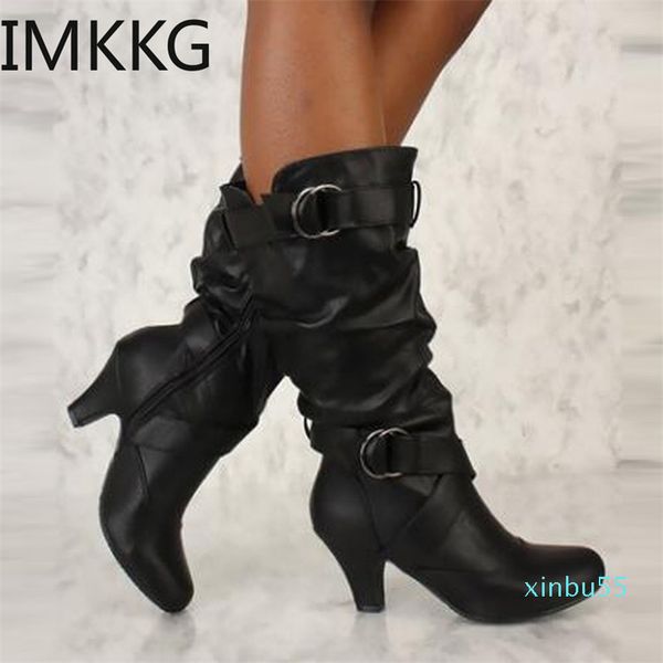 

women's winter boots fashion lady mid-calf high heel buckle short snow women, Black