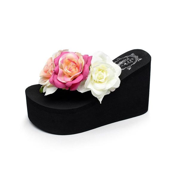 

slippers 11cm flip flop wedges heels summer sandals woman shoes women girls beach shoe light bottom platform handmade flowers u7n7, Black