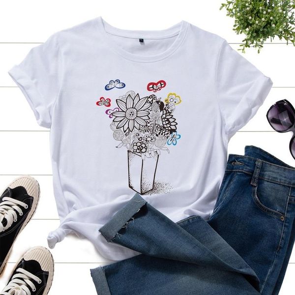 

women's t-shirt summer casual short sleeve butterfly floral print women fashion graphic t-shirts ladies regular vintage clothes o-neck, White