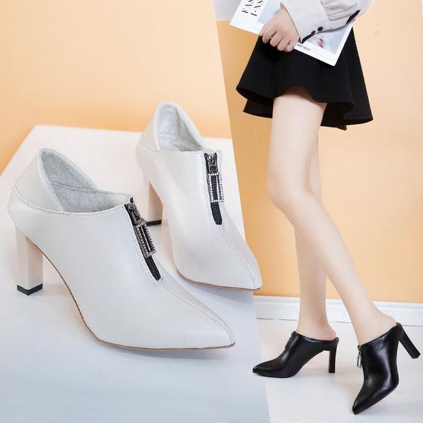 

boots 2021 spring women dress shoes zipper high heels bare pointed toe office woman pumps botas mujer thin 8009n, Black