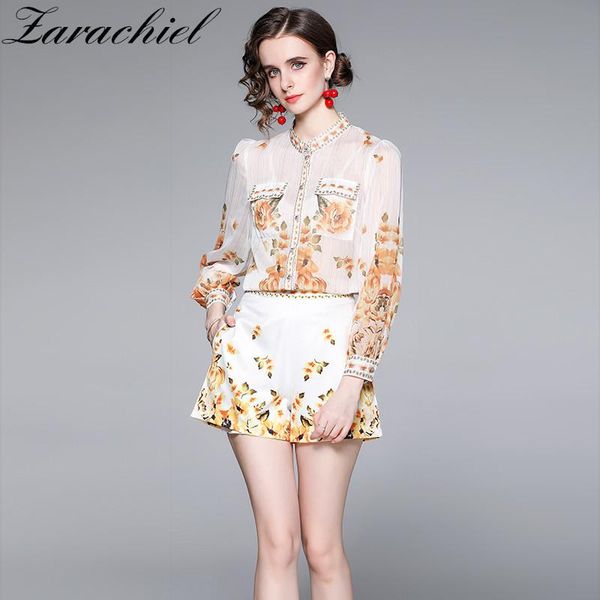 

women's tracksuits runway yellow floral print set summer women long lantern sleeve see through chiffon shirt blouse + wide leg shorts 2, Gray