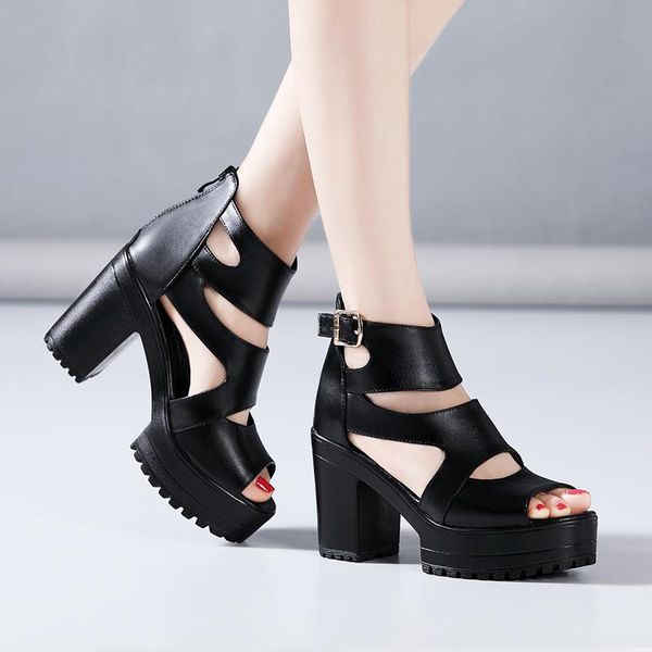 

women's sandals 2021 summer shoes women high heeled roman thick soles platform ladies sandalias big size, Black