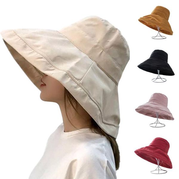 

wide brim hats summer foldable bucket for women outdoors beach large cap solid color female simple fisherman caps anti-uv sun, Blue;gray