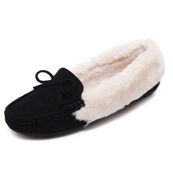 

dress shoes women flat winter warm loafer woman flock short plush cotton bow shoes mother loafers driving footwear b912, Black