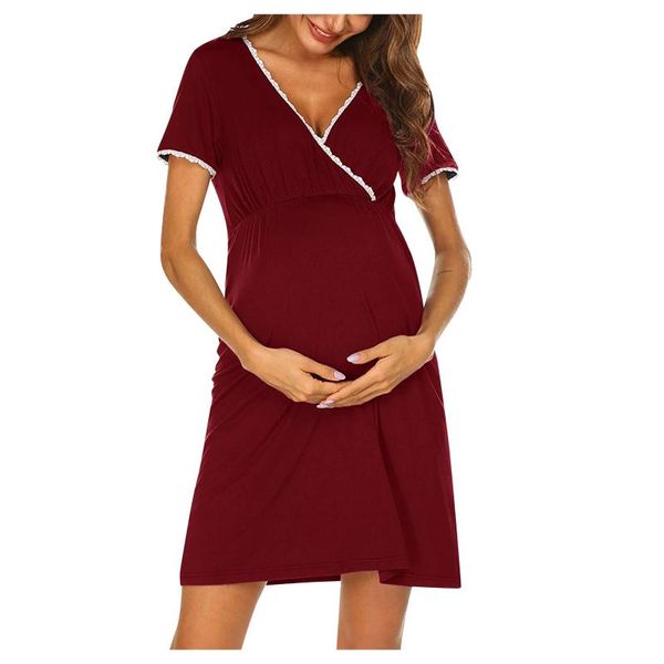 

maternity dresses women short sleeve hight waist dress for daily wearing or baby shower solid breastfeeding sundress, White