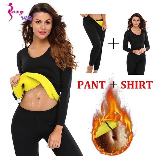 

sexywg neoprene sauna suit long sleeve + legging sports set women control panties yoga shirts pant waist trainer body shaper, Black;white