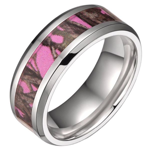 

wedding rings 8mm women titanium ring pink real tree camo camouflage engagement beveled edges band fashion jewelry bijoux, Slivery;golden