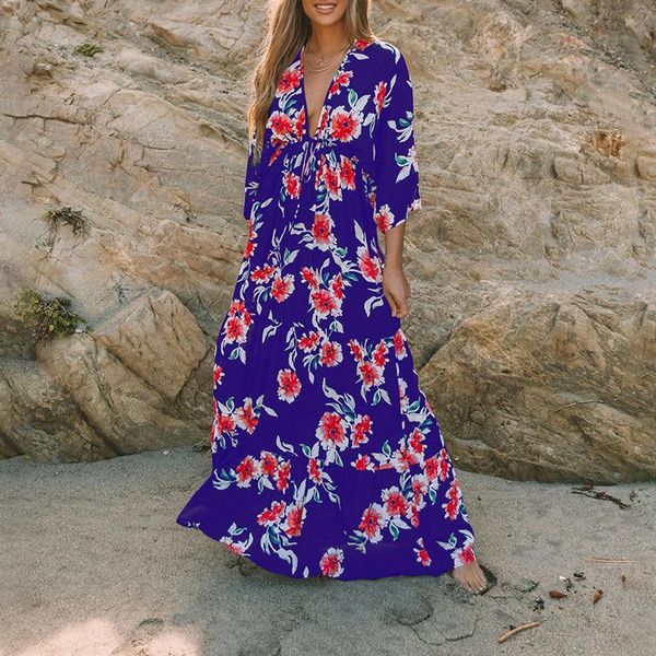 

casual dresses women elegant dress 2021 fashion short sleeve deep v-neck lady party vintage floral print loose long, Black;gray