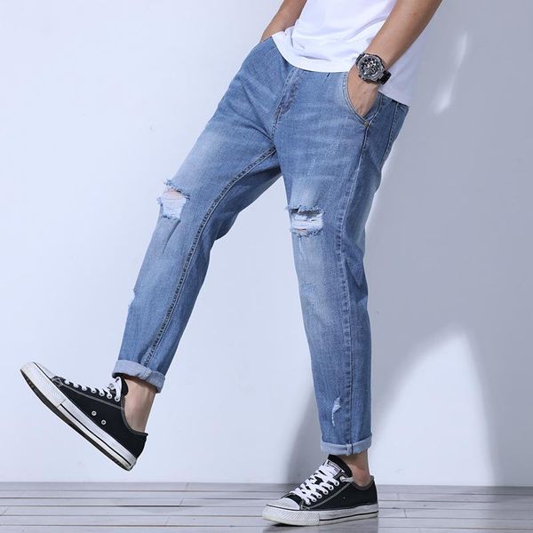 

men's jeans nine-point ripped denim ruined hole elasticity loose thin harlan, Blue