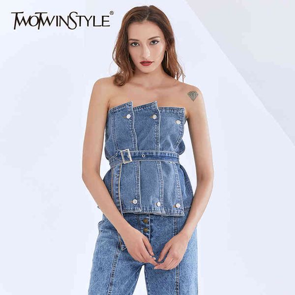 

backless denim elegant vest for women strapless sleeveless sashes casual vests female fashion clothing 210423, White