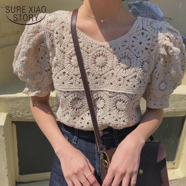 

korean fashion clothing vintage summer women puff sleeve hollow out shirt female retro perspective lace blouse 9591 women's blouses &, White