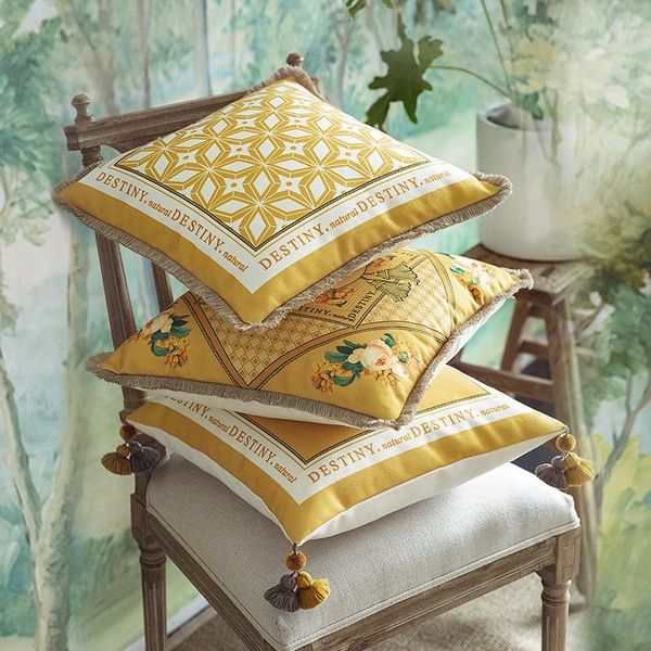 

cushion/decorative pillow american pastoral sofa cushion flower printed tassel office lumbar home bed headrest fresh yellow