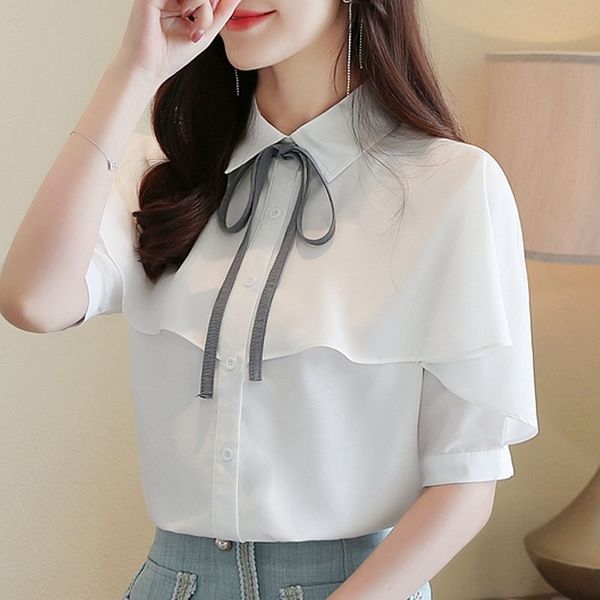 

blouse women ruffles chiffon blouse shirt women summer short sleeve white blouse women shirts blusas mujer d177 210426