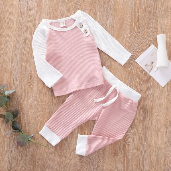 

clothing sets born baby casual 2-piece outfit set ribbed long sleeve color block drawstring pants for kids infant boys girls 0-24m, White