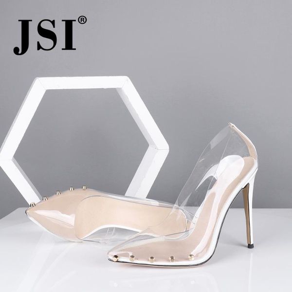 

brand sandals woman transparent color pvc pointed toe rivet design shoes high thin heel by250, Black