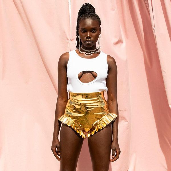 

women's shorts summer women\u2021s trendy personality shiny metallic high waist solid color ruffle trim short pants s/m, White;black