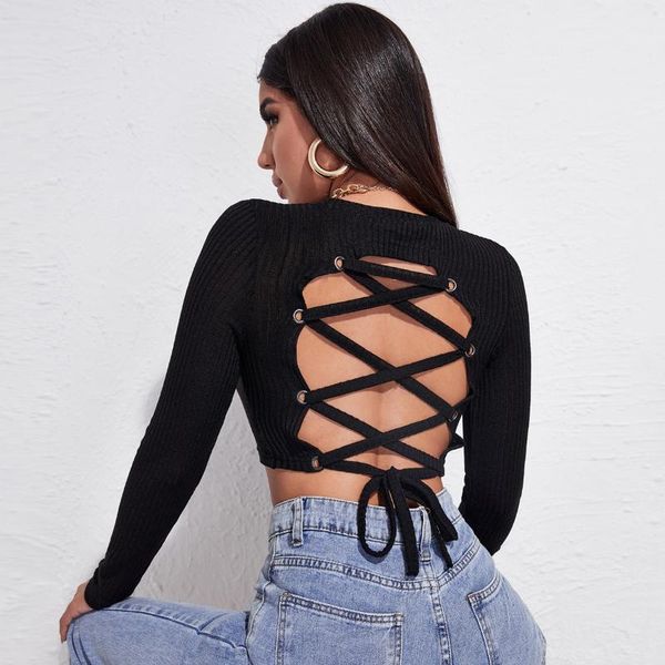 

women's t-shirt women skinny backless long sleeve autumn streetwear fashion hollow out bandage black cropped tees mujer, White