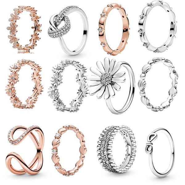 

cluster rings 2021 sale 925 silver color bow-knot finger ring for women girls sparkling daisy flower crown zircon wedding jewelry, Golden;silver