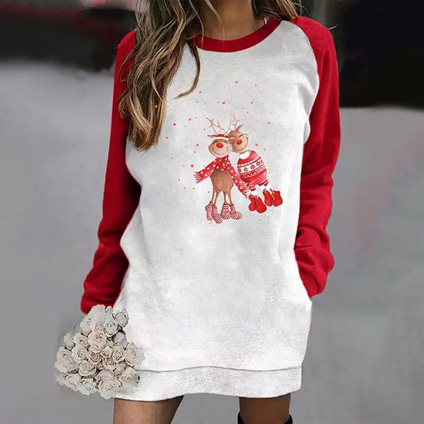 

women's hoodies & sweatshirts autumn winter casual splicing christmas print fashion round neck loose long pullover femme, Black