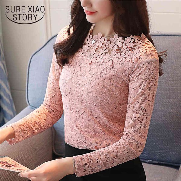 

spring o-collar long sleeve with lace blouse hollow out bottoming shirts women slim fit blusa 1105 40 210415, White