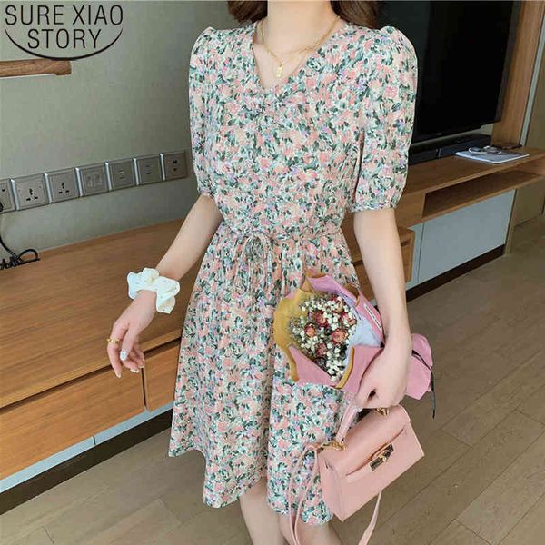 Sommer Kordelzug Kleid Frauen Puff Koreanische Seide Stoff Süße Blumendruck Mini Kurzarm V-kragen Kleider 9013 50 210417