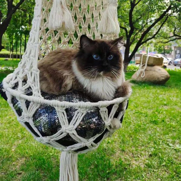 

cat beds & furniture hand-woven cotton rope pet litter tapestry round bed hammock swing hanging basket
