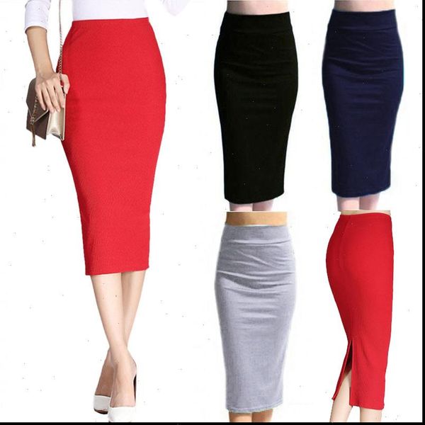 

newly dro autumn winter womens skirts pencil high waist cotton solid color stretch elastic slim business ol split bodycon dg88, Black