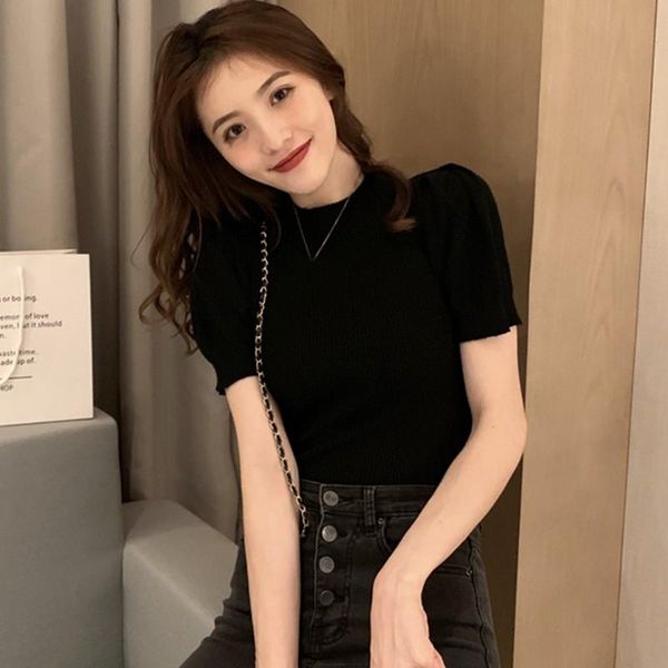 

women's t-shirt women fashion summer puff short sleeve half turtleneck female soild color knitted t shirt casual streetwear, White