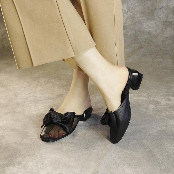 

slippers 2021 summer outdoor leather fashion flip-flops women's shoes mid heel mesh bow knot cowhide slips, Black