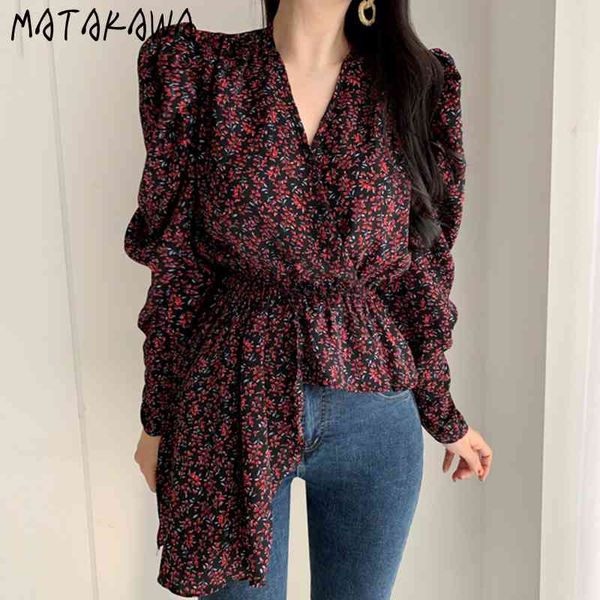 

matakawa slim waist woman blouse print floral irregular design women shirt temperament v-neck puff sleeve blusas mujer de moda 210513, White
