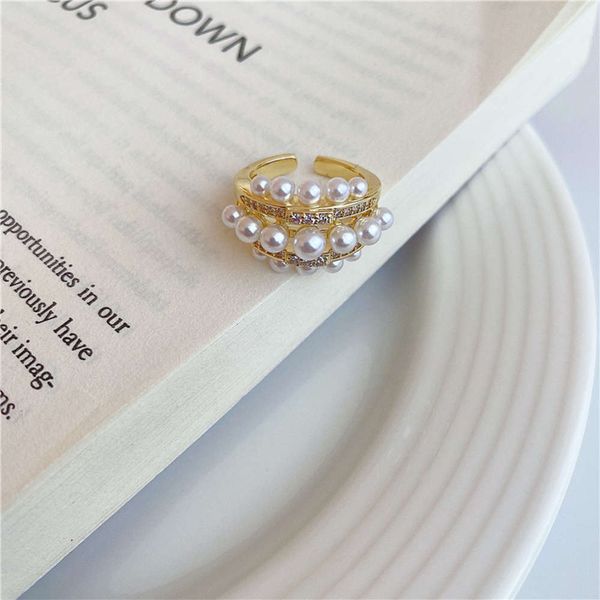 

royal style multi layer pearl opening temperament micro inlaid zircon index finger ring real gold plating, Black