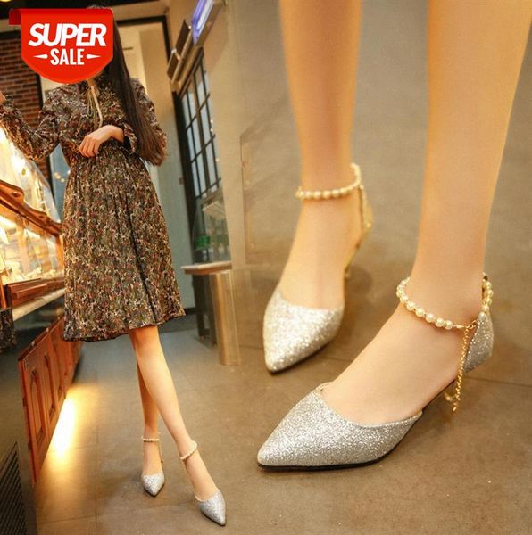 

pointed shallow mouth high heels, stiletto all-match mid-heeled women's shoes, sequined pearl single shoes #ib57