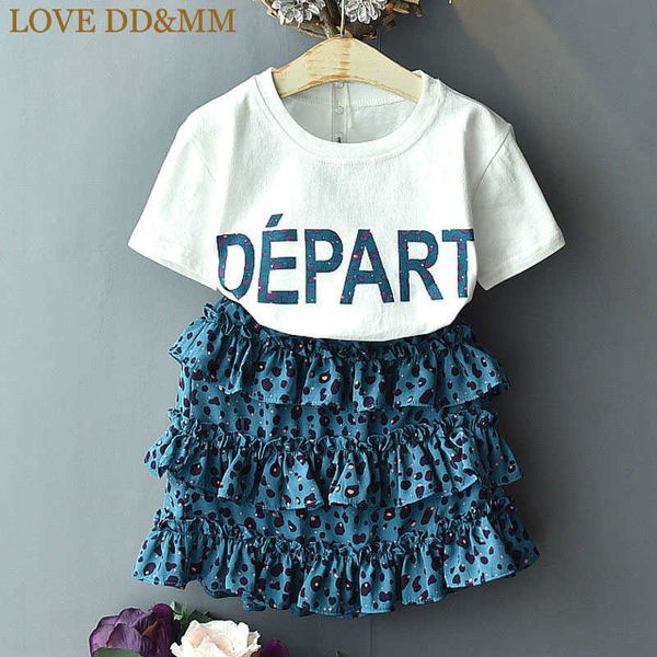 

love dd&mm girls sets summer children's wear girls letter short-sleeved t-shirt + leopard layered skirt two-piece suit 210715, White