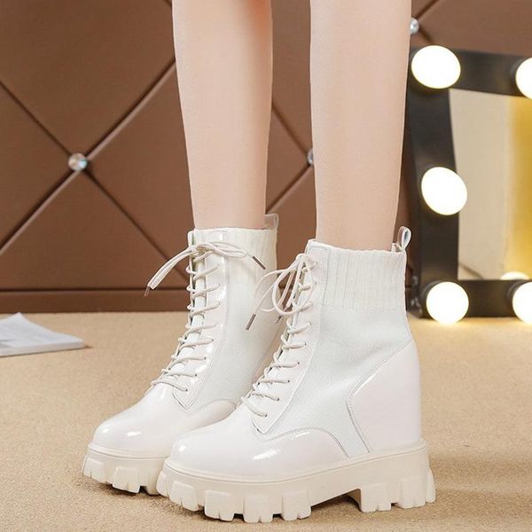 

boots woman drop fashion lace up platform women winter knitted chunky ankle height increasing elastic short botas, Black