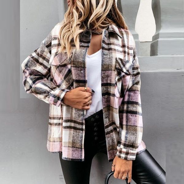 

women's jackets 2021 vintage lattice print jacket women elegant lapel loose single row button down shirt casual autumn cardigan, Black;brown