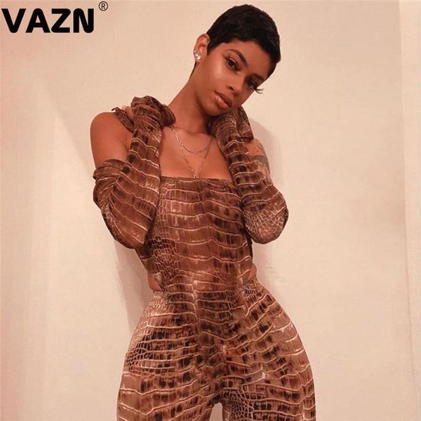 

women's jumpsuits & rompers vazn 2021 spring lady 2 colors long slim jumpsuit full sleeve slash neck boysuit high waist pant, Black;white