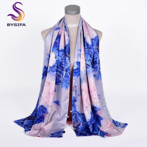 

scarves [bysifa] chinese style blue pink peony silk shawl scarf female elegant long shawls wraps fall winter warm thick 175*50cm, Blue;gray