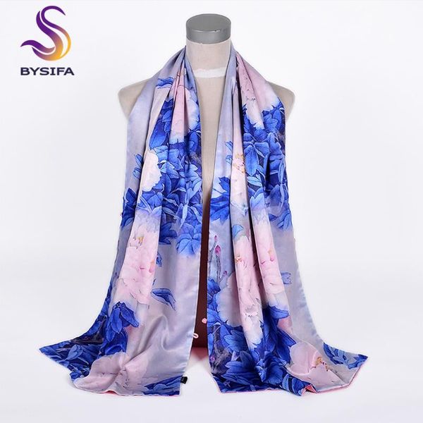 Sciarpe [BYSIFA] Sciarpa in scialle di seta blu rosa peonia stile cinese Sciarpa lunga elegante femminile Avvolge Autunno Inverno Caldo spesso 175 * 50 cm