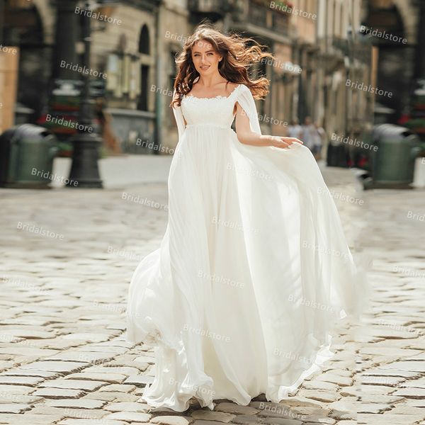 

civil rustic boho wedding dress with caped sleeves square neck full length chiffon beach bohemian bride dresses 2021 outdoor garden bridal g, White