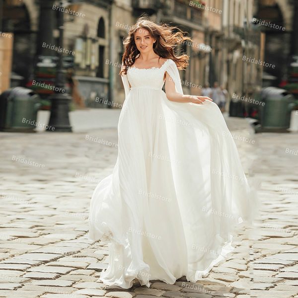 Civile Rustico Boho Abito da sposa con maniche con cappuccio Collo quadrato Figura intera Chiffon Beach Abiti da sposa bohémien 2021 Abiti da sposa da giardino all'aperto robes de mariage